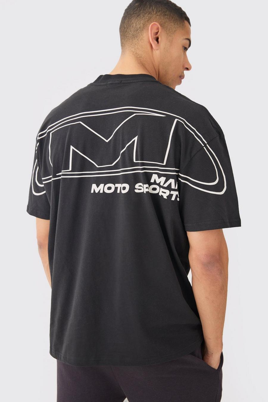 Camiseta oversize con costuras cruzadas y estampado de motociclismo, Black image number 1
