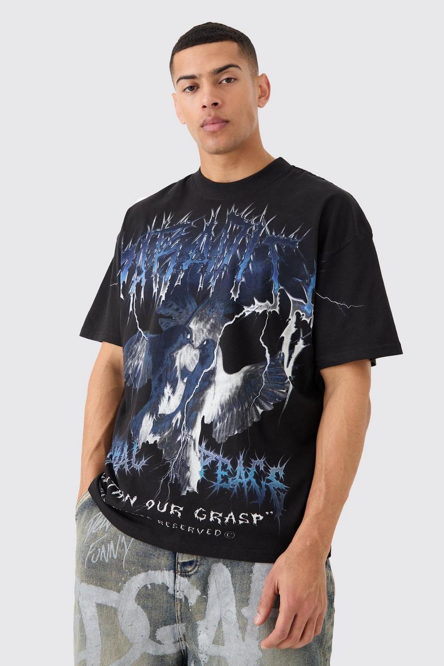 Camiseta oversize con estampado gráfico de paloma sobre costuras, Black image number 1