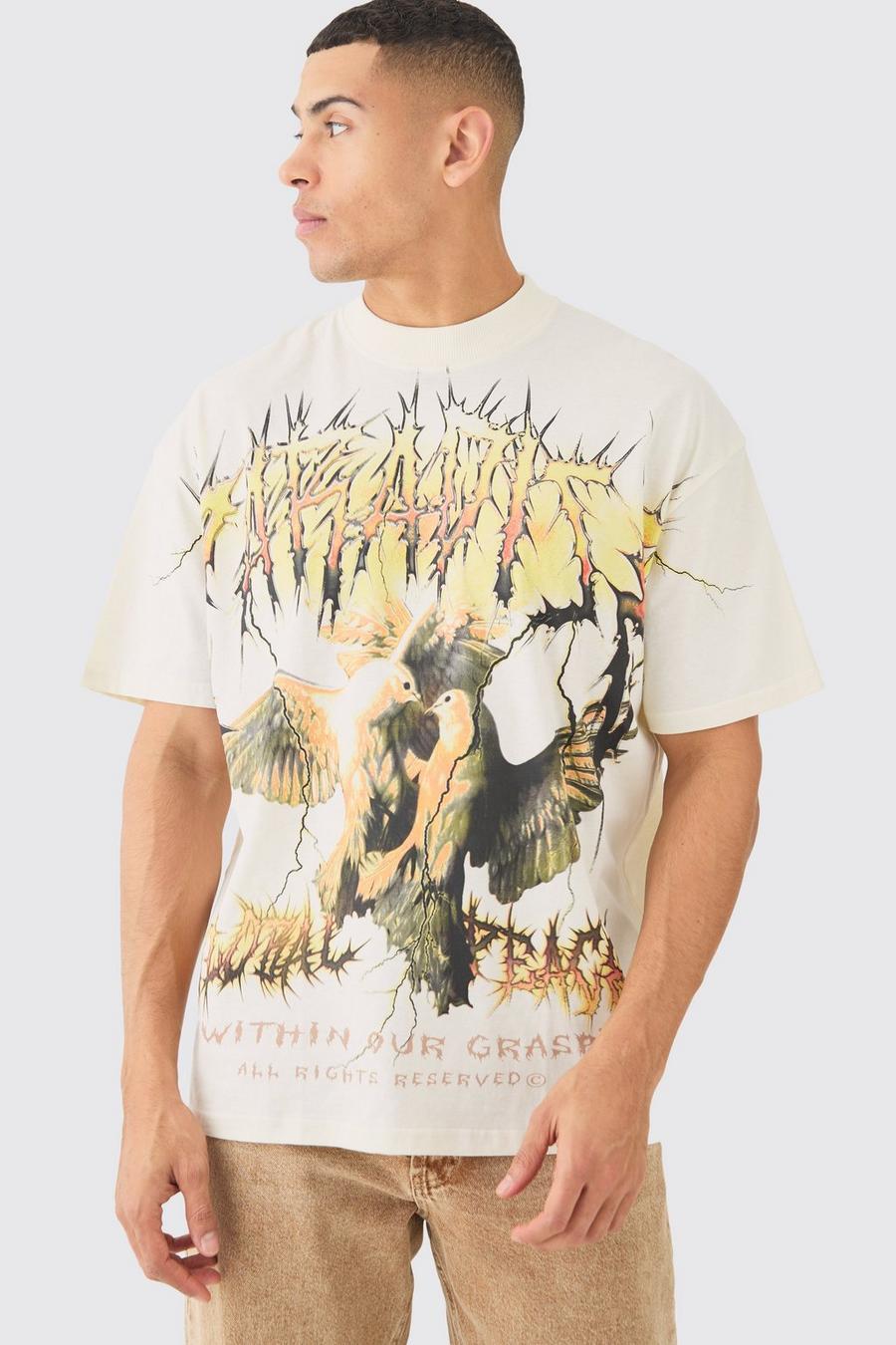 Ecru Oversized Duiven T-Shirt Met Print En Naaddetail image number 1