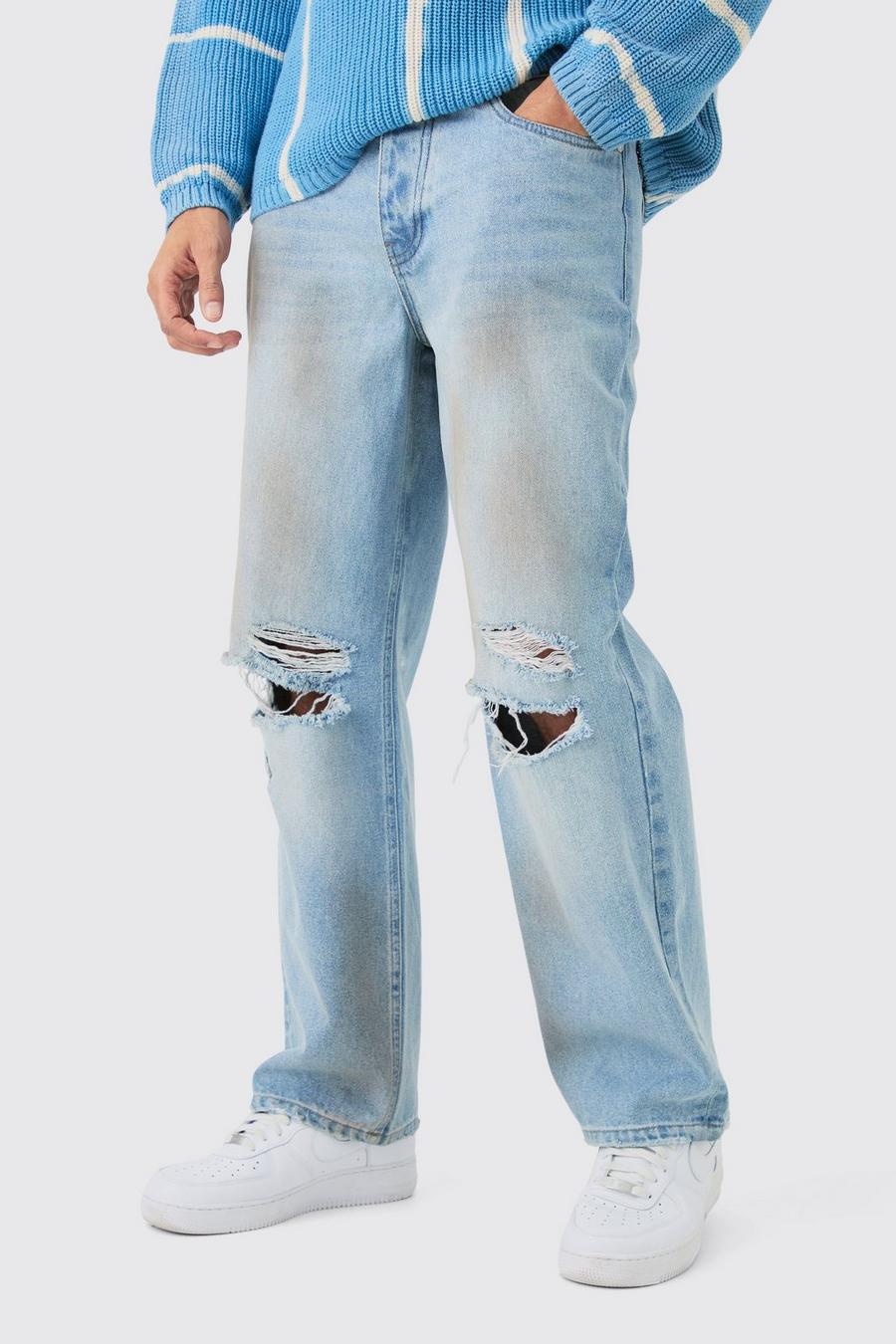 Baggy Rigid Ripped Knee Dirty Wash Jeans In Light Blue