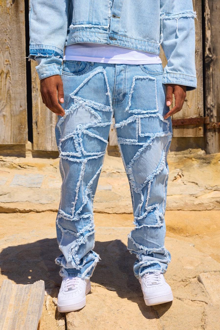 Distressed Patchwork Relaxed Rigid Jeans In Light Blue image number 1