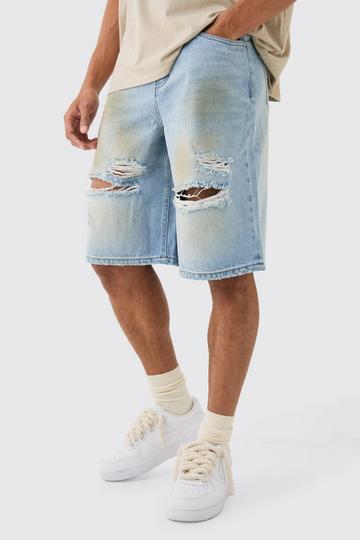 Blue Ripped Dirty Wash Denim Jorts In Light Blue