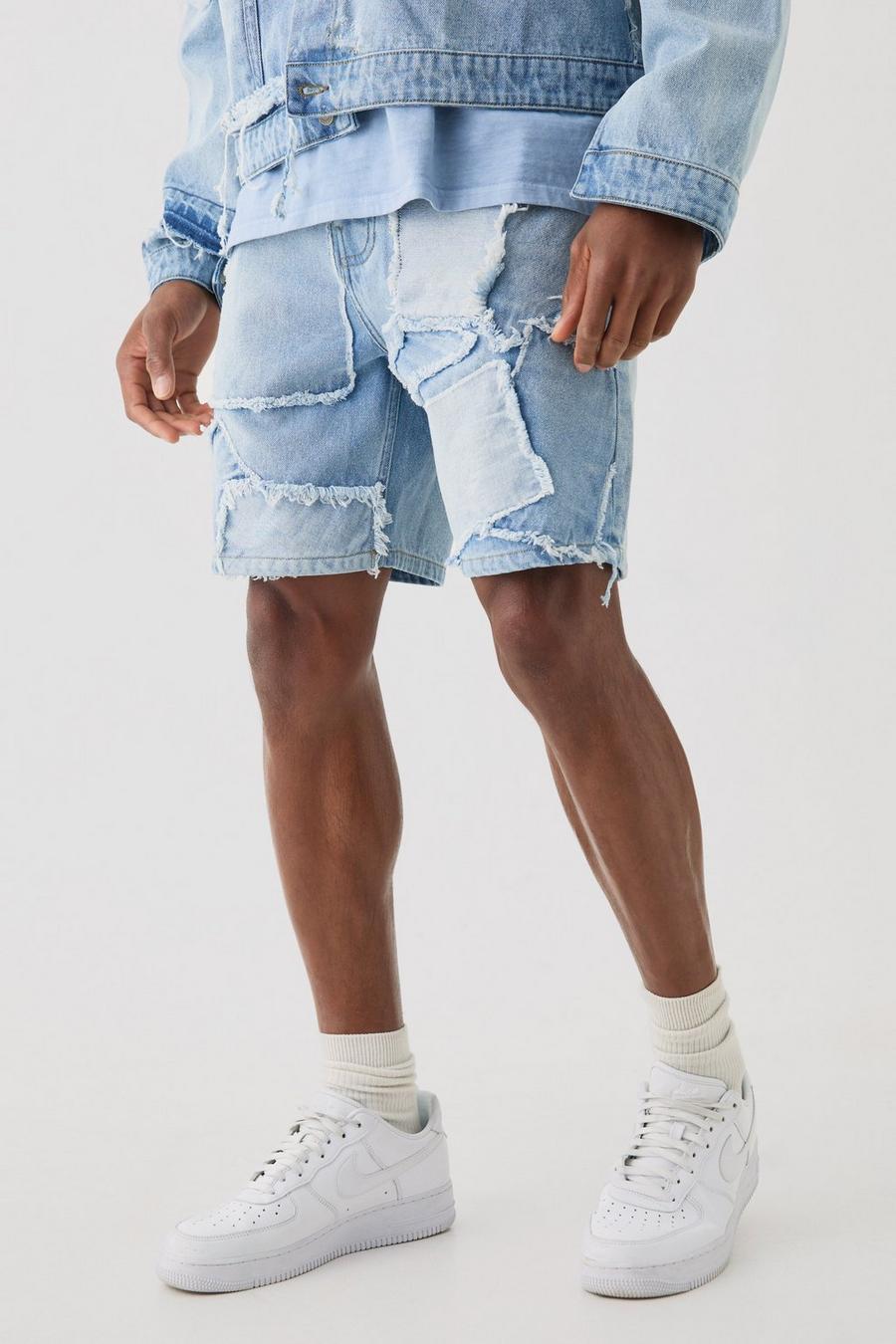 Distressed Patchwork Relaxed Denim Short In Light Blue