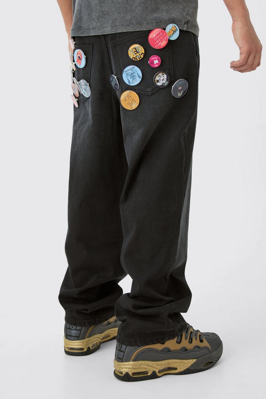 Washed black Onbewerkte Baggy Jeans Met Badge In Zwart image number 1