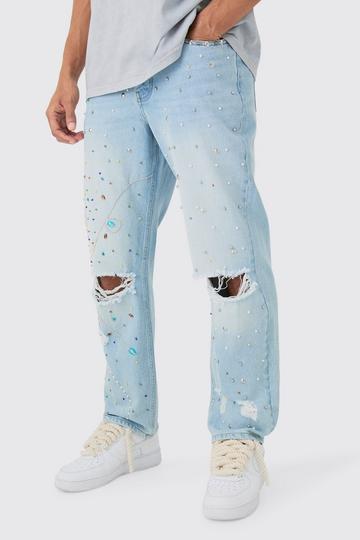 Brown Relaxed Rigid Embellished Jeans In Light Blue