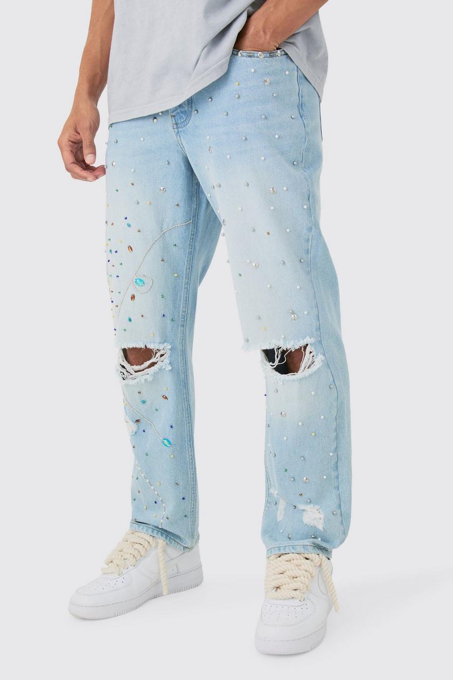 Lockere verzierte Jeans in Hellblau, Light blue
