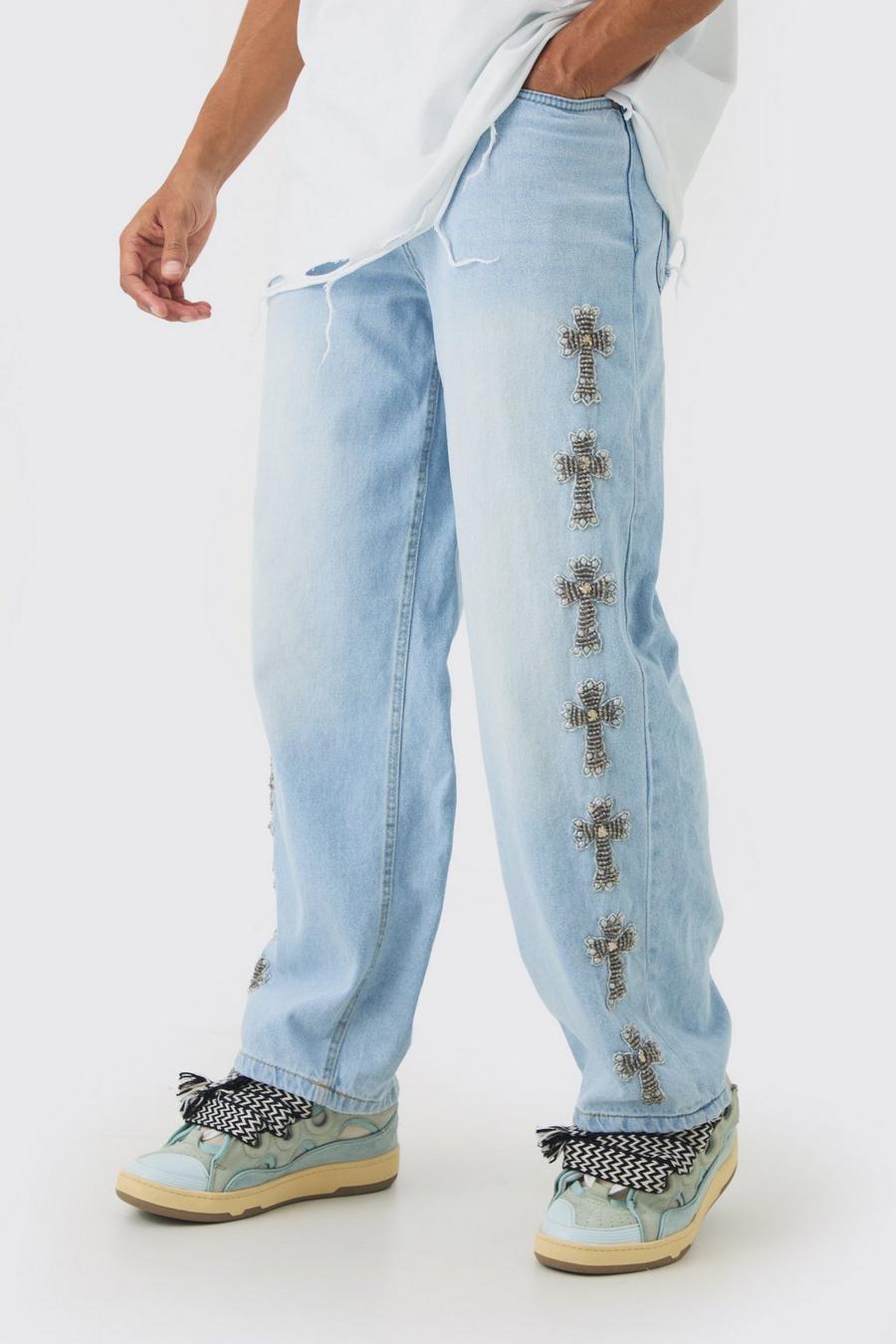 Baggy Rigid Embellished Jeans In Ice Blue