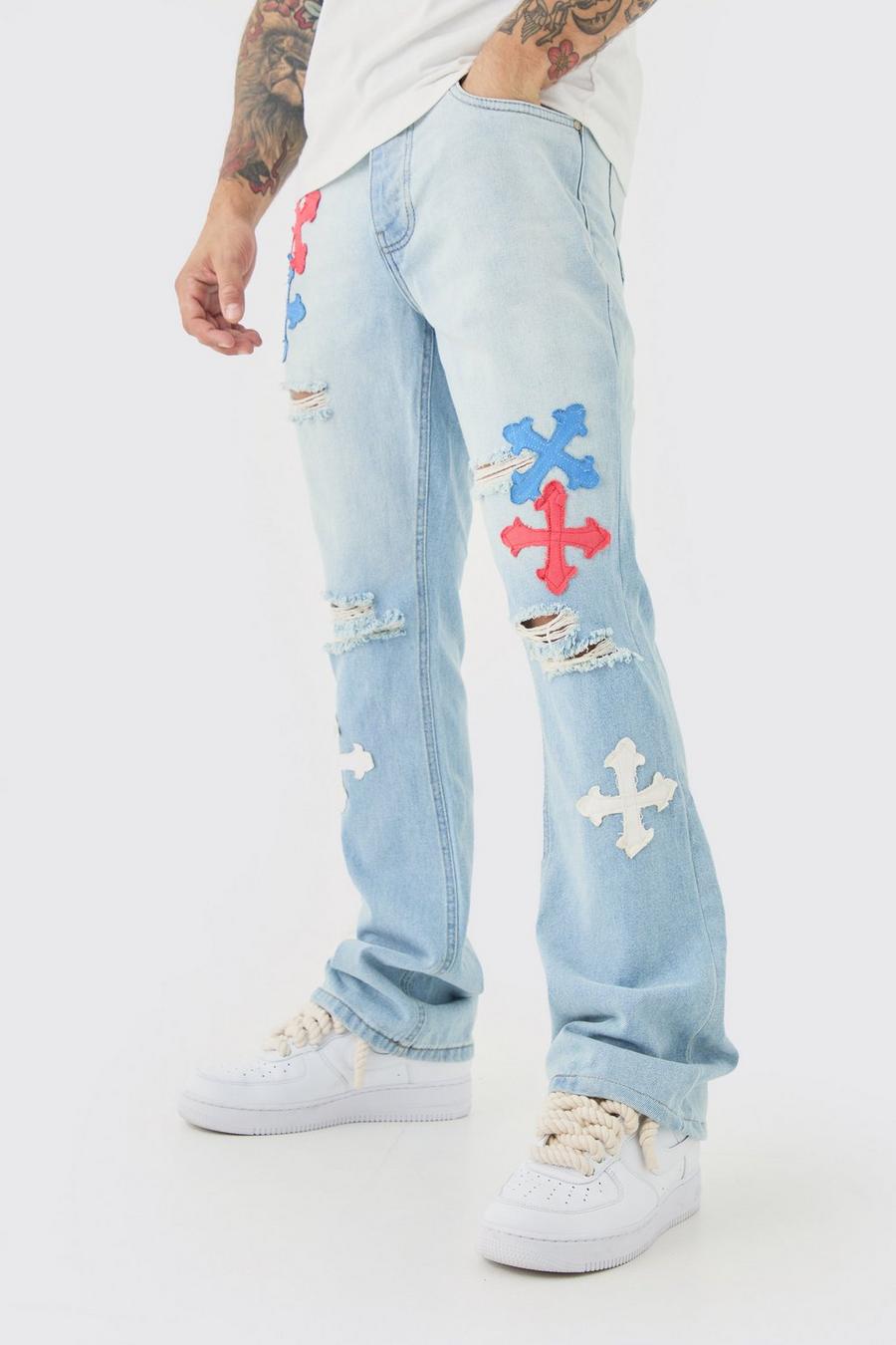 Jeans a zampa Slim Fit in denim rigido con applique blu ghiaccio, Ice blue