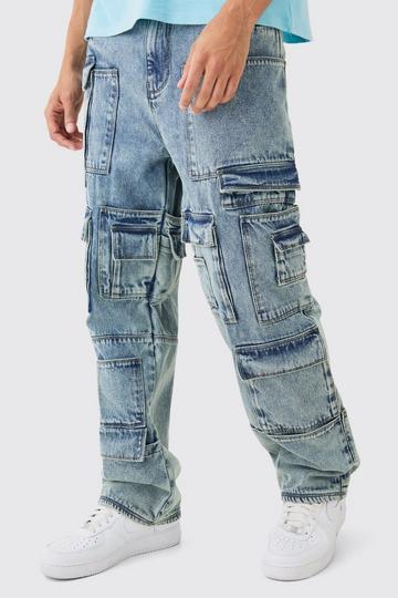 Relaxed Rigid Multi Pocket Cargo Jeans In Tinted Blue antique blue