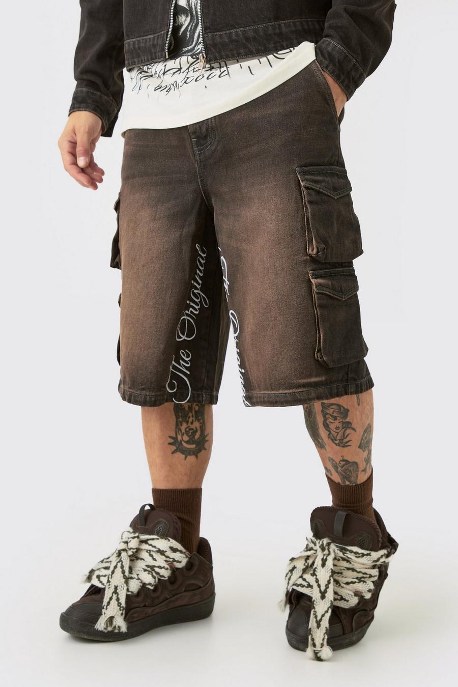 Pantaloni tuta Cargo in denim marroni con ricami, Brown image number 1