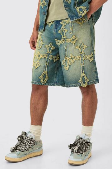 Distressed Cross Applique Denim Jorts In Green green