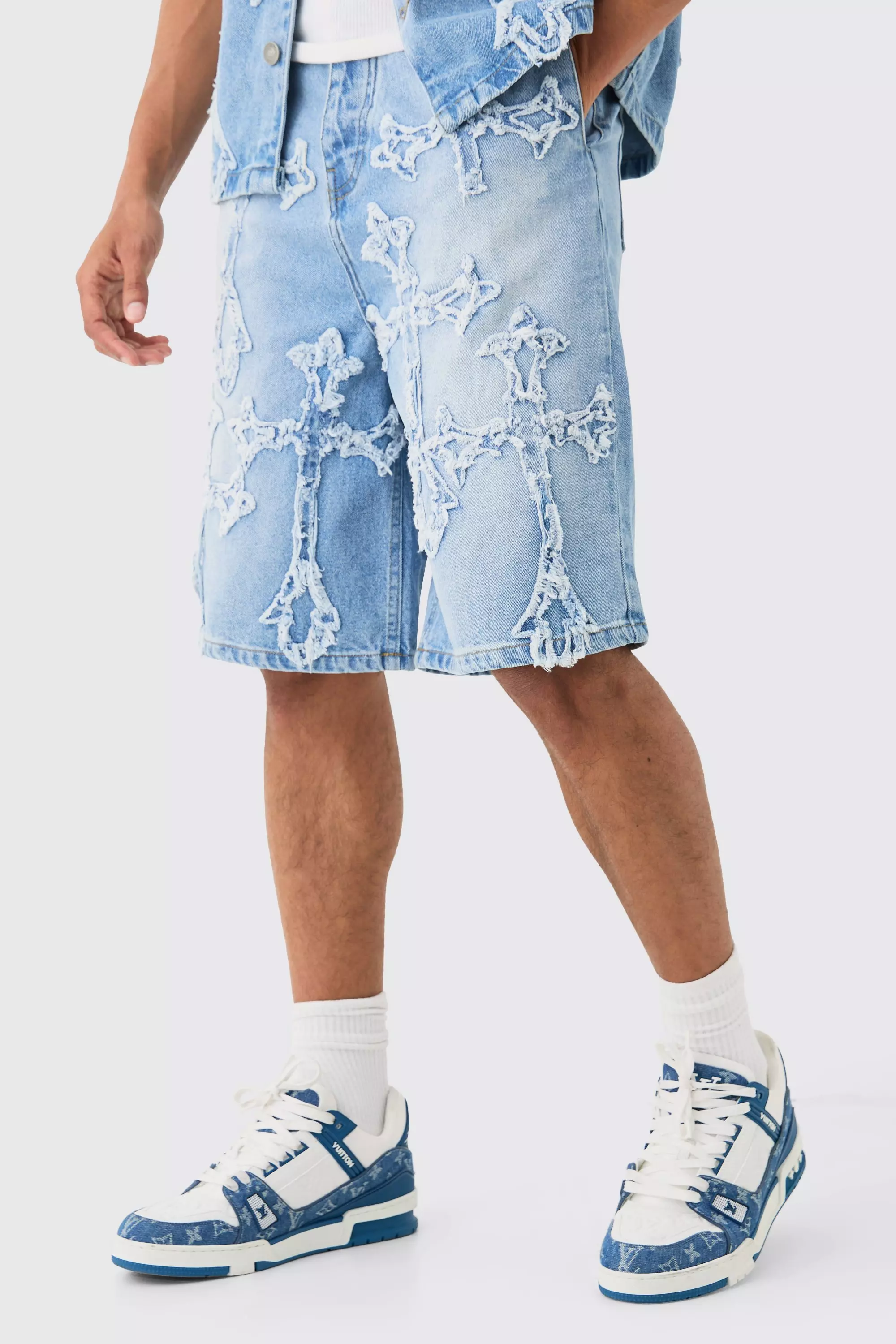 Distressed Cross Applique Denim Jorts In Light Blue alternative image