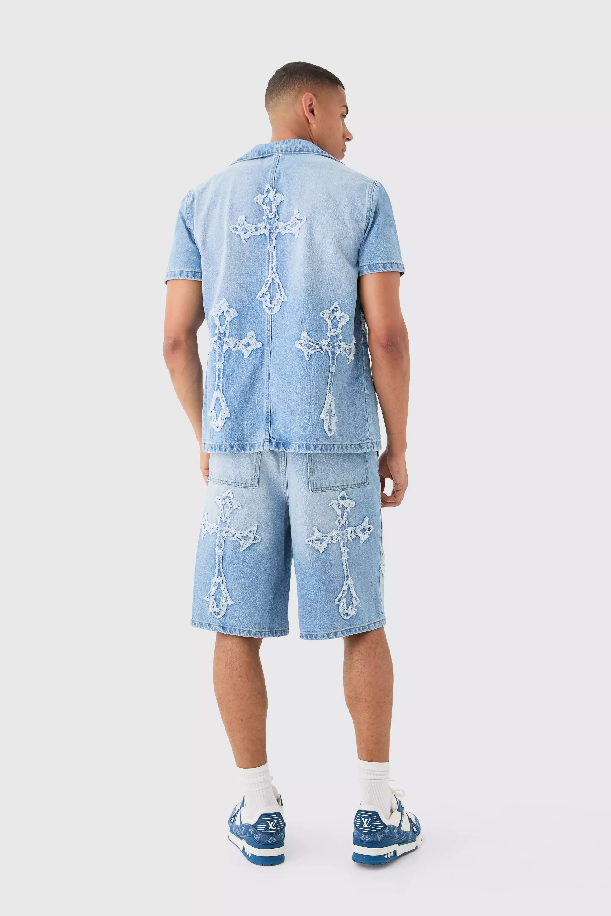 Distressed Cross Applique Denim Jorts In Light Blue alternative image