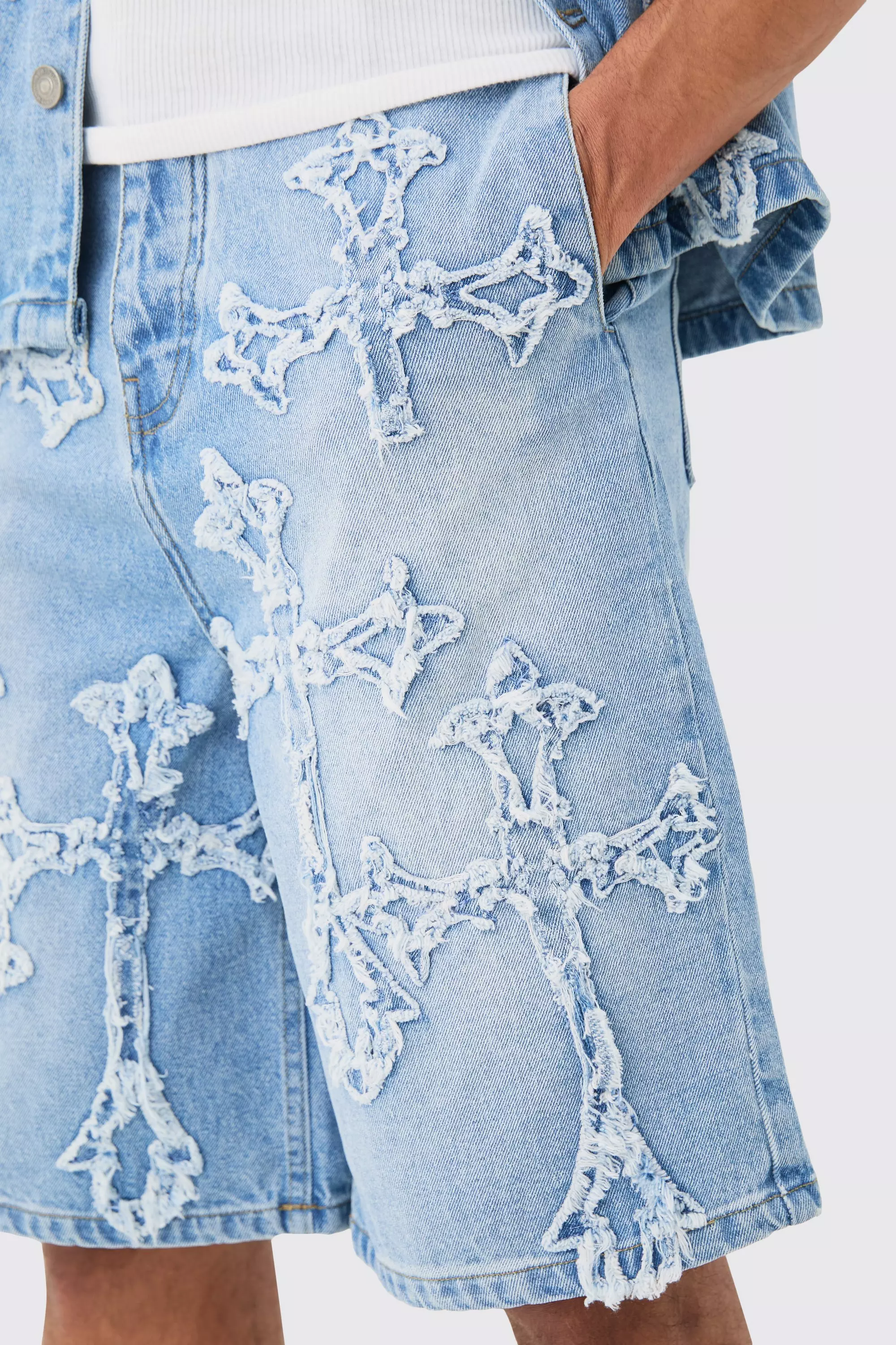 Distressed Cross Applique Denim Jorts In Light Blue alternative image