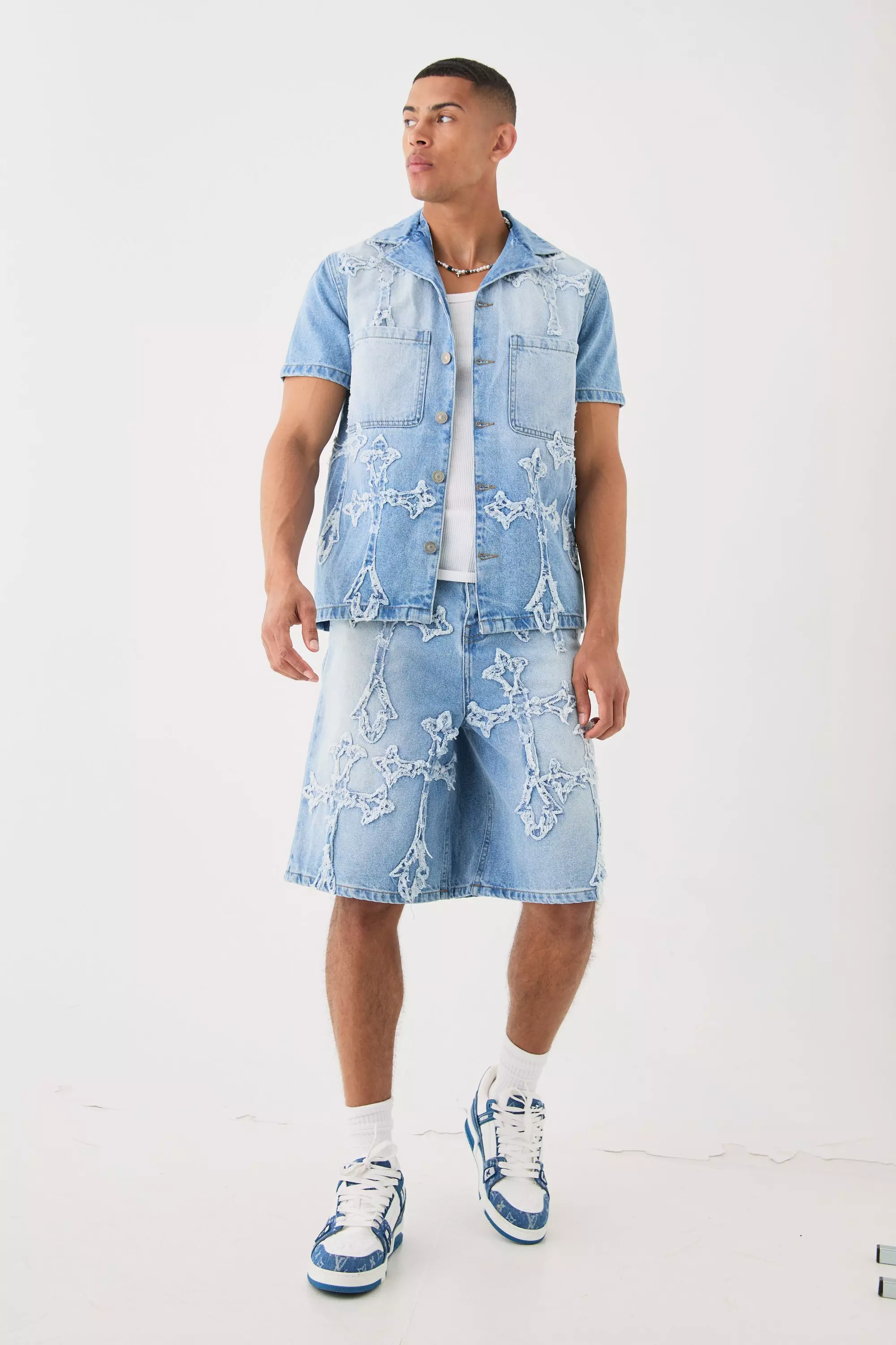 Distressed Cross Applique Denim Jorts In Light Blue alternative image