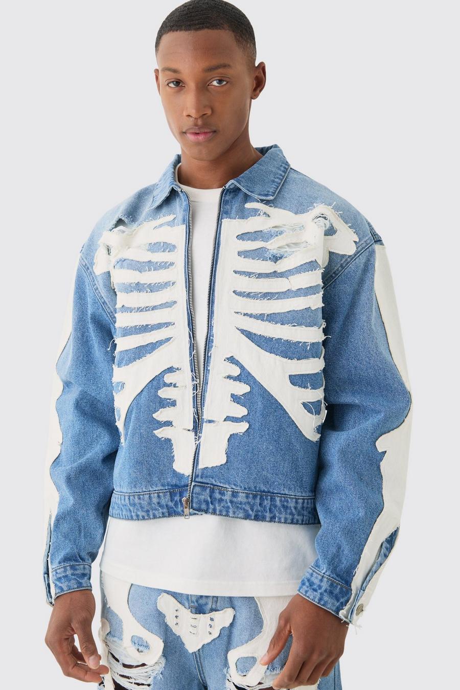 Boxy Fit Skeleton Applique Distressed Denim Jacket In Light Blue