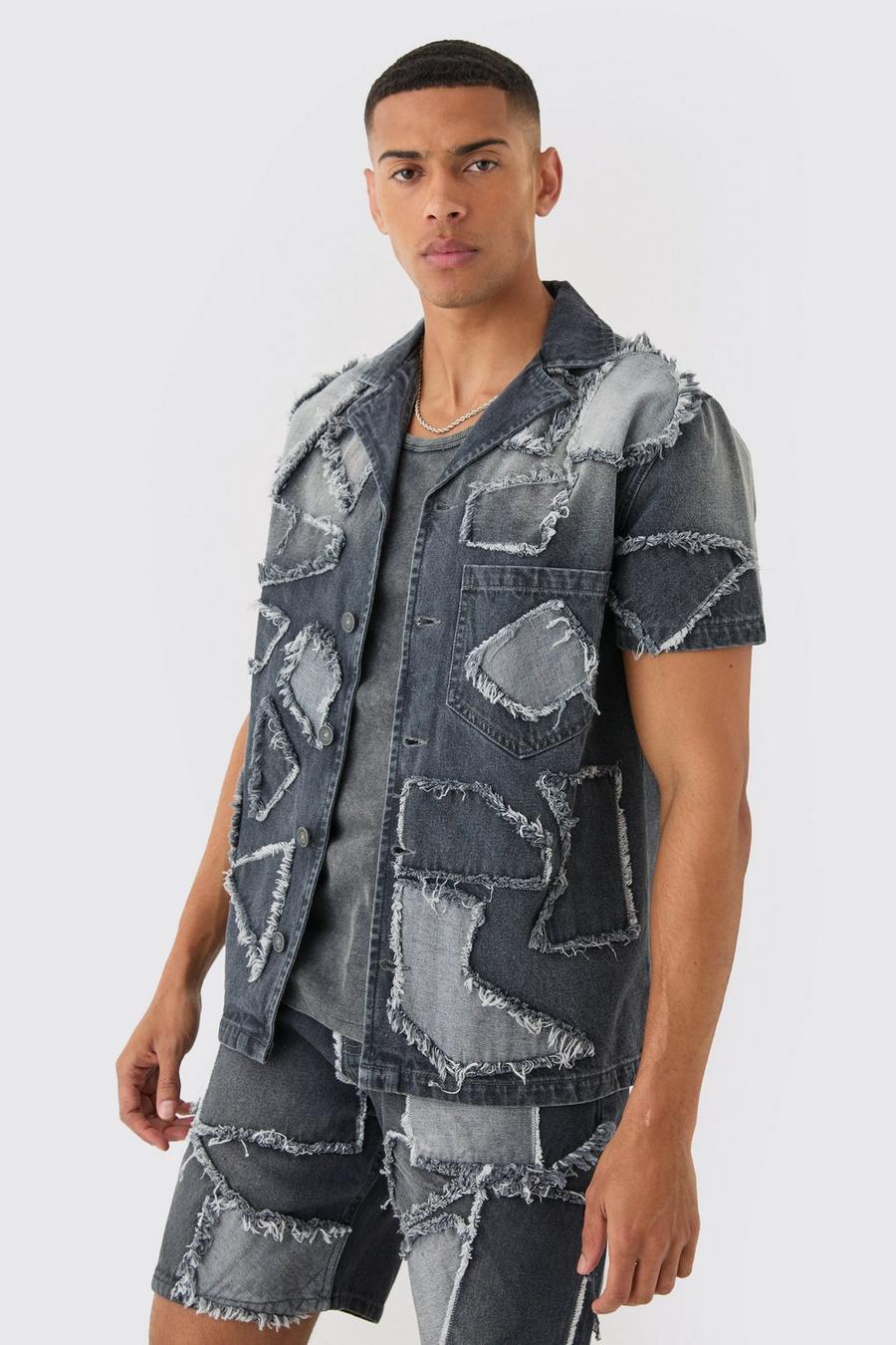Versleten Charcoal Denim Overhemd Met Patches En Revers Kraag