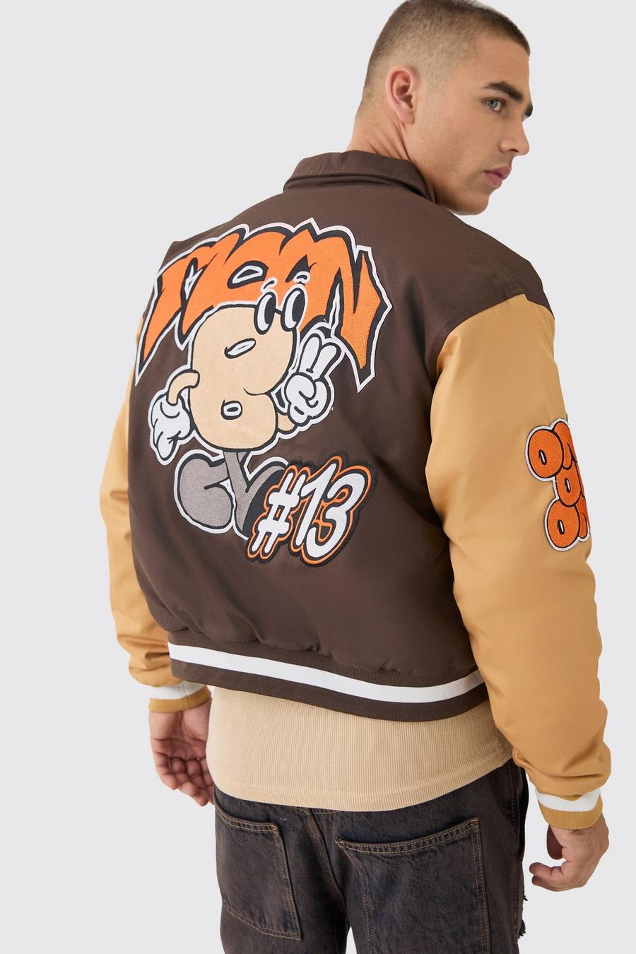 Boxy Twill Embroidered Collared Varsity Jacket In Brown image number 1