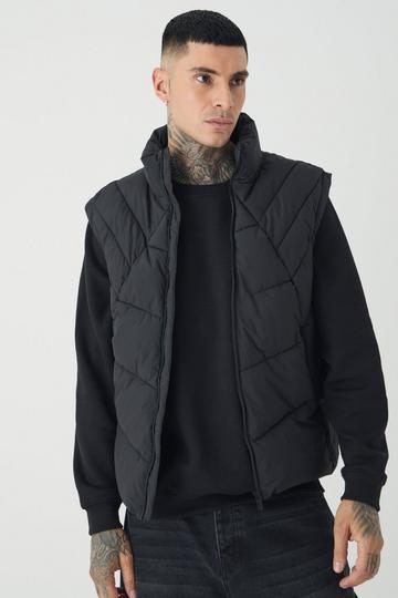 Black Tall Abstract Quilted Funnel Neck Vest In Black