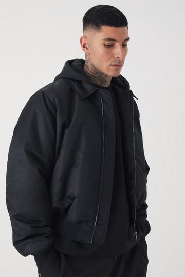 Tall Collared Boxy Bomber Jacket With Jersey Hood In Black black