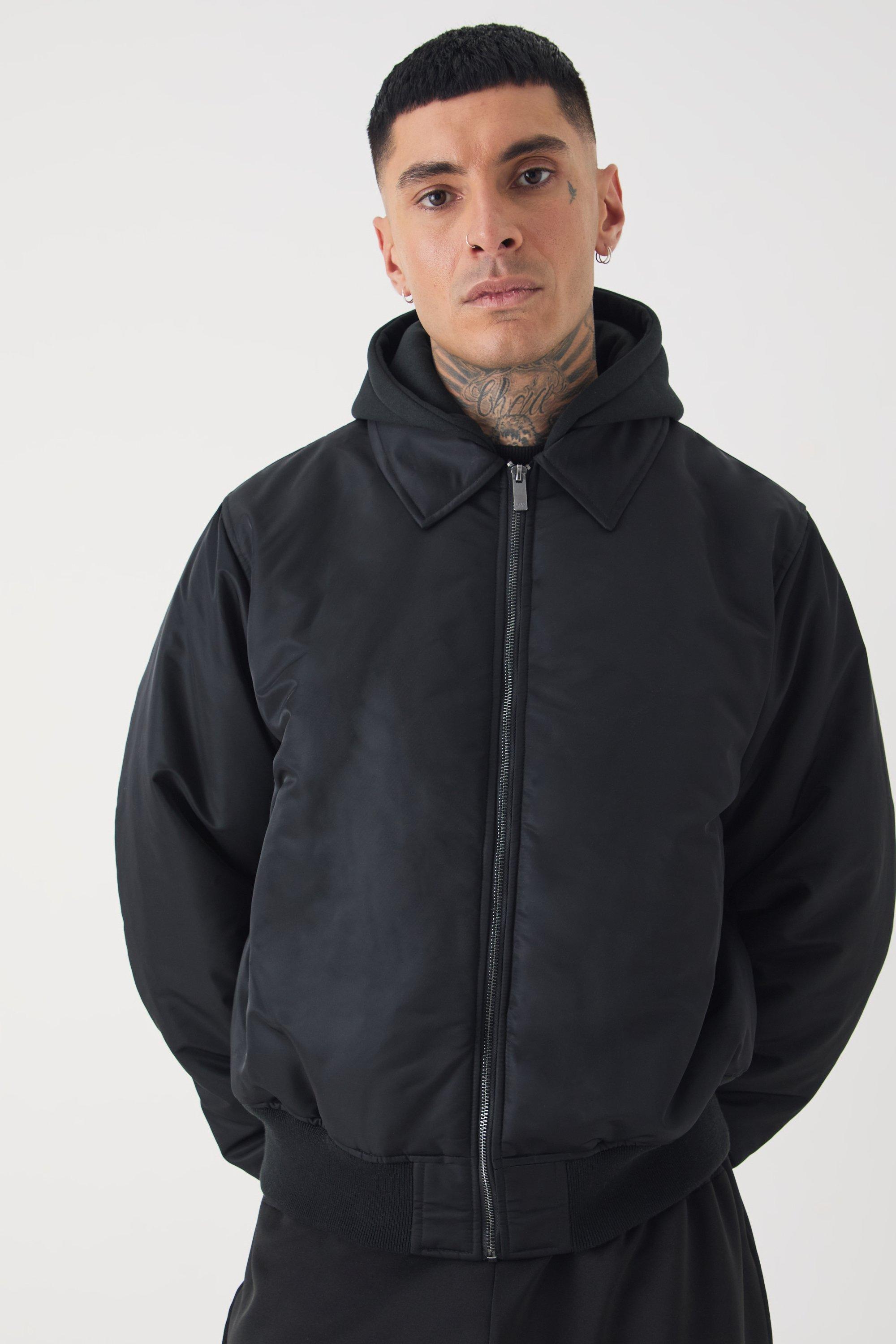 Tall Collared Boxy Bomber Jacket With Jersey Hood In Black boohoo CA