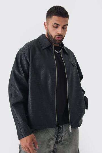 Black Plus Boxy Textured PU Harrington Jacket In Black