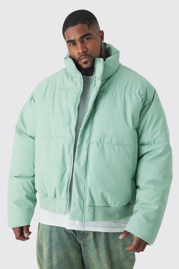 Green Plus Matte Pu Funnel Neck Puffer In Sage