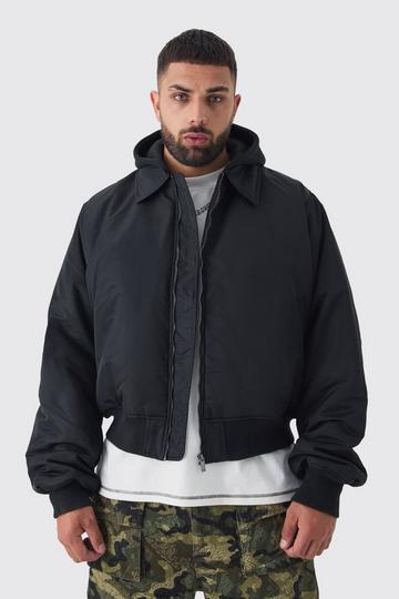 Plus Collared Boxy Bomber Jacket With Jersey Knit Hood In Black black