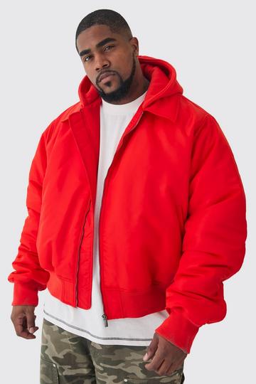 Red Plus Collared Boxy Bomber Jacket With Jersey Hood In Red