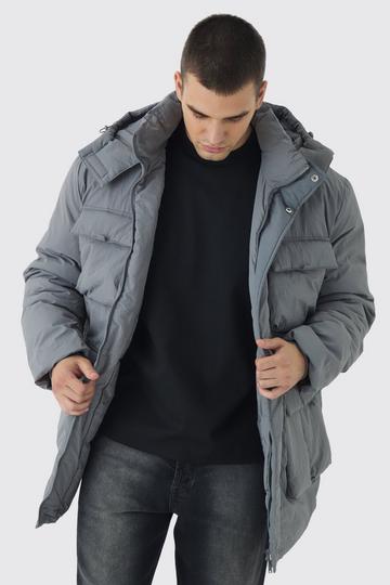 Grey Tall Utility Pocket Hooded Parka Jacket In Grey