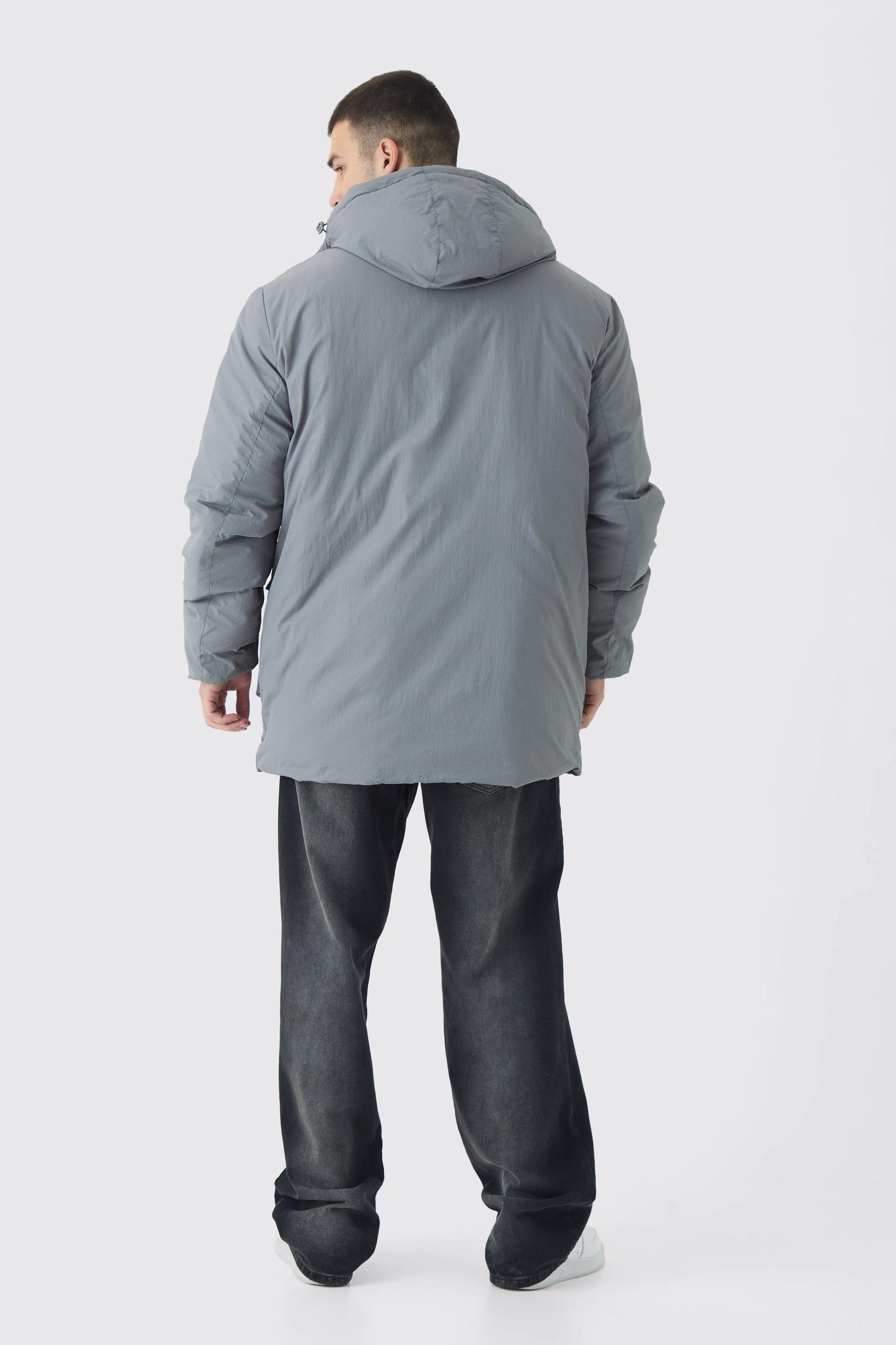 Tall Utility Pocket Hooded Parka Jacket In Grey