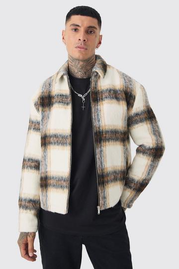 Tall Boxy Brushed Check Harrington Jacket In Ecru ecru