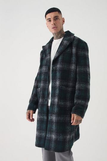 Tall Relaxed Fit Single Breasted Check Overcoat In Green green