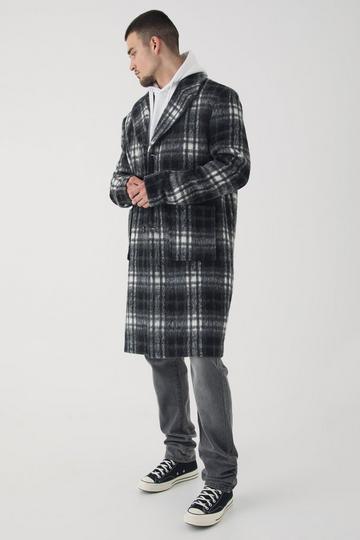 Tall Relaxed Fit Single Breasted Check Overcoat In Black black