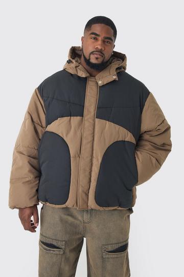 Beige Plus Colour Block Quilted Hooded Puffer Jacket In Beige