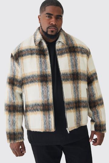 Plus Boxy Brushed Check Harrington Jacket In Ecru ecru