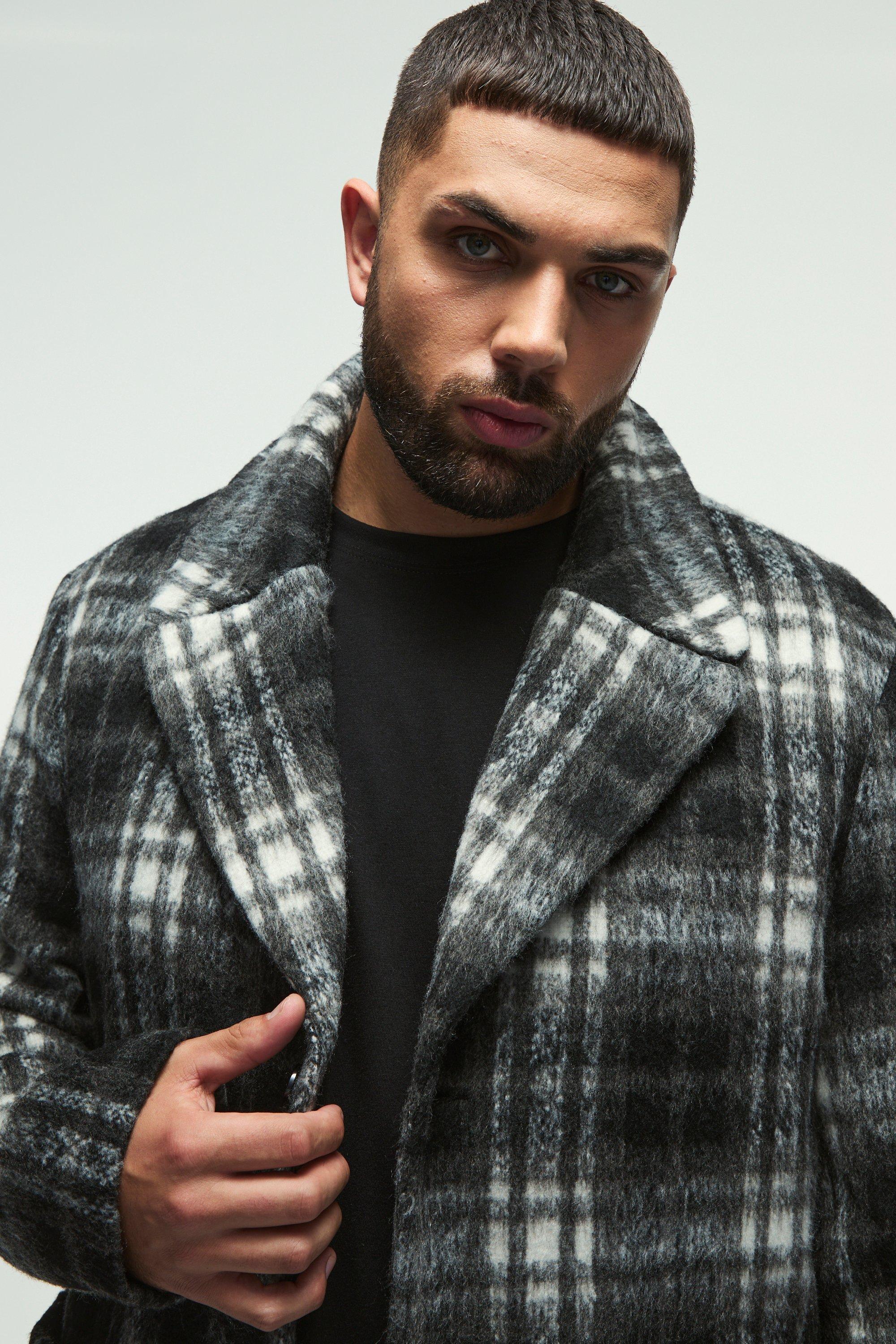Mens Plus Relaxed Fit Single Breasted Plaid Overcoat In Black
