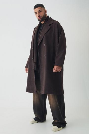 Plus Oversized Drop Shoulder Herringbone Overcoat In Brown brown