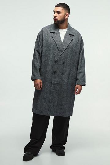 Plus Oversized Drop Shoulder Herringbone Overcoat In Grijs grey