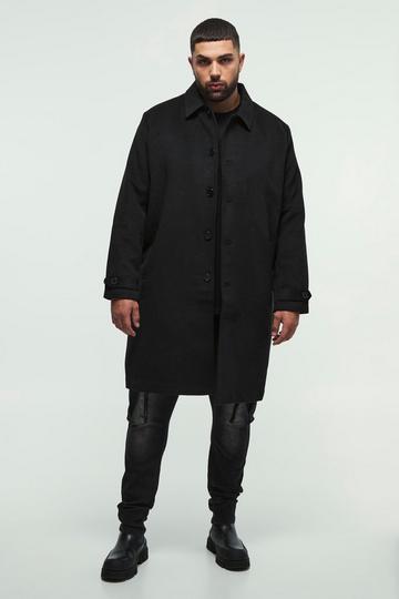 Black Plus Single Breasted Collared Overcoat In Black