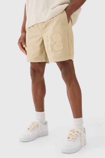 Stone Beige Elasticated Waist Applique Short Length Relaxed Shorts