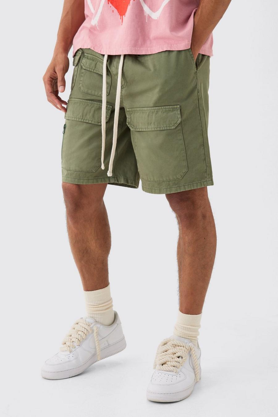 Khaki Elasticated Waist Relaxed Contrast Drawcord Shorts  image number 1