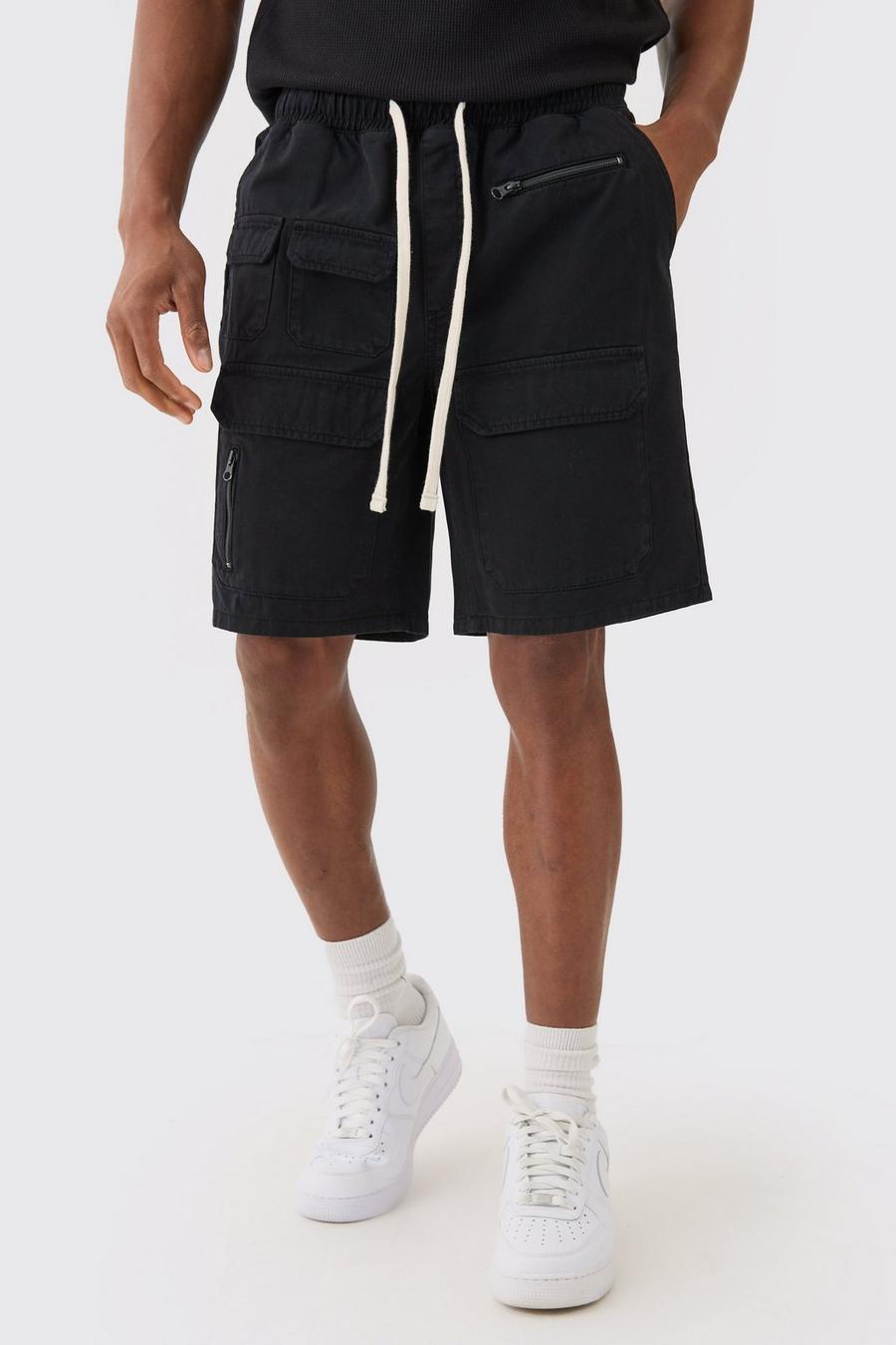 Black Elasticated Waist Relaxed Contrast Drawcord Shorts  image number 1