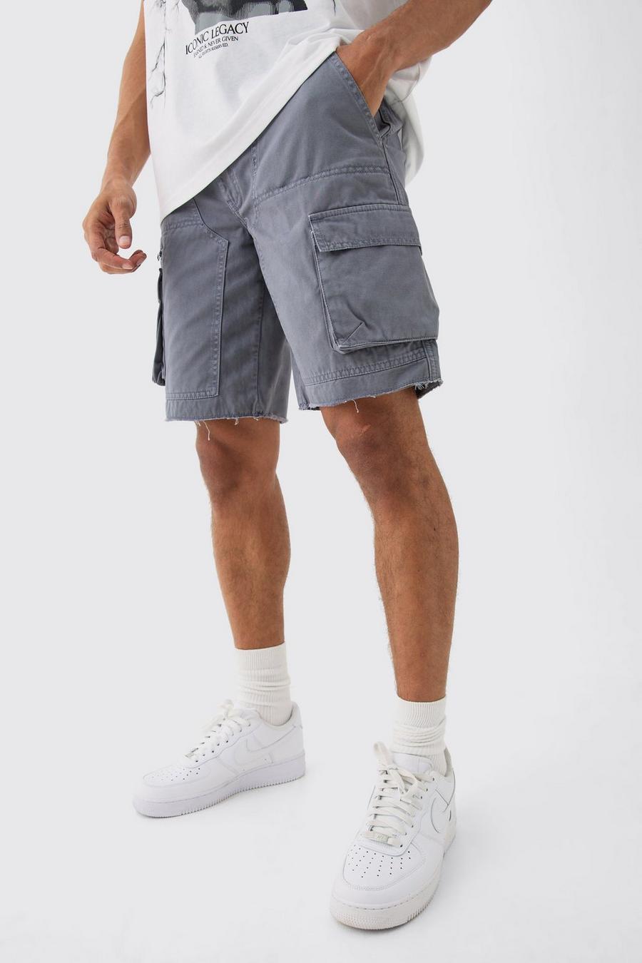Charcoal Fixed Waist Raw Hem Relaxed Cargo Shorts image number 1