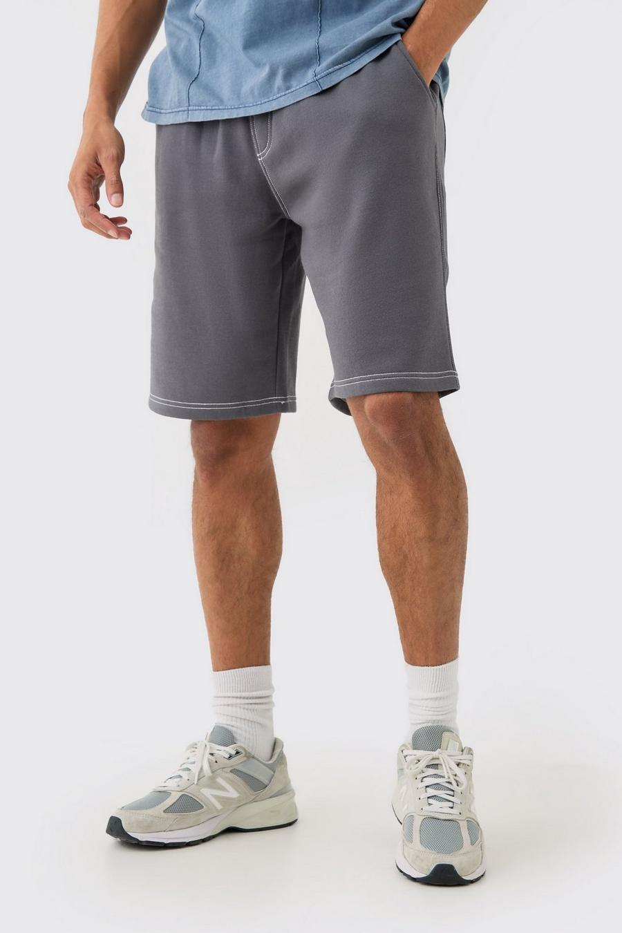 Dark grey Relaxed Contrast Stitch Long Length Shorts image number 1