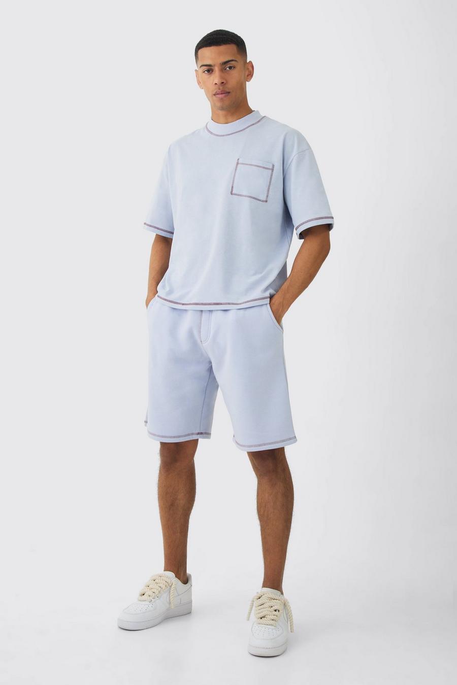 Ice grey Oversized Boxy T-Shirt Met Contrasterende Stiksels En Lange Shorts