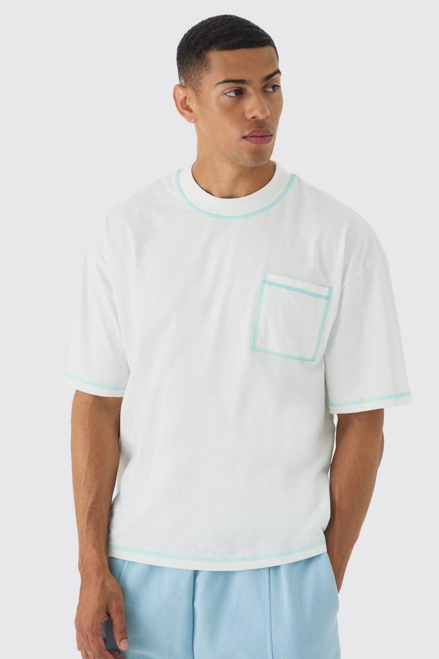 Ecru Oversized Boxy Extended Neck Contrast Stitch T-shirt image number 1