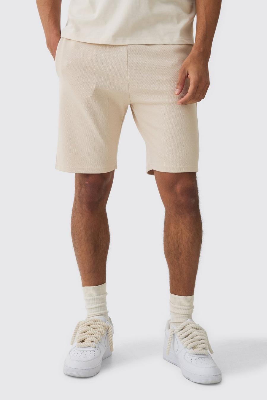 Beige Slim Fit Mid Length Double Knit Mesh Shorts
