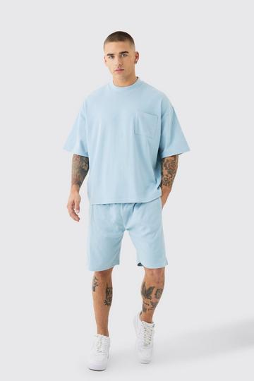 Oversized Boxy Fit Double Knit Mesh T-shirt & Short Set dusty blue