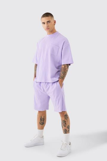 Oversized Boxy Fit Double Knit Mesh T-shirt & Short Set lilac